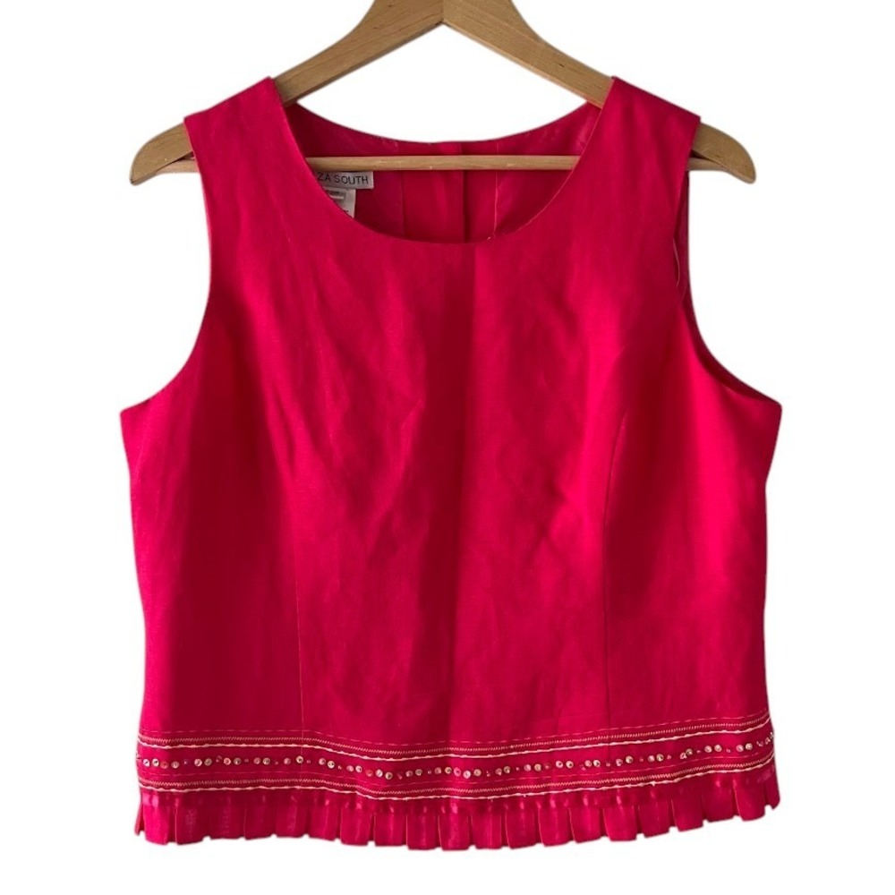 Plaza South Womens Pink Linen Blend Sequin Pleated Hem Button Back Top Size 14